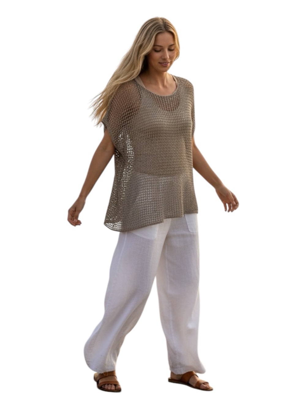 Eileen Fisher Organic Linen Bateau Neck Open Weave Sweater in Taupe